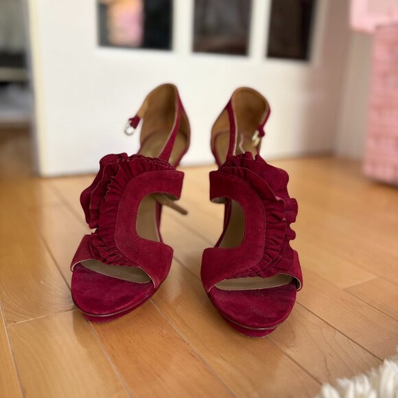 Elie Tahari Red Suede Ruffled Heels - Picture 1 of 6